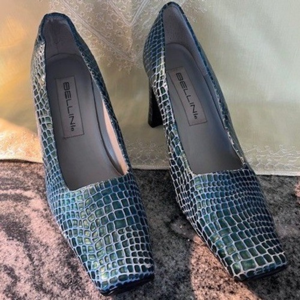 Bellini Heel Pumps Womens 8M Teal Blue Excellent Snakeskin Square Toe Block Heel